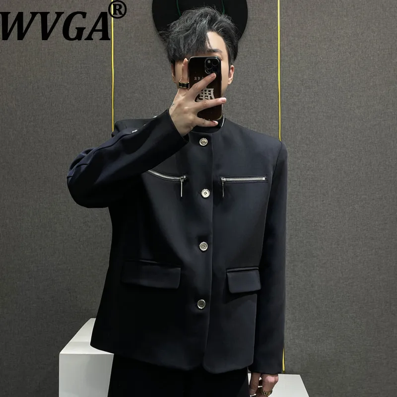 

WVGA Spring Autumn New Men Y2K Collarless Trendy Suit Coat Niche Chic Casual Zipper Decoration Padded Shoulder Blazer Ins W16477