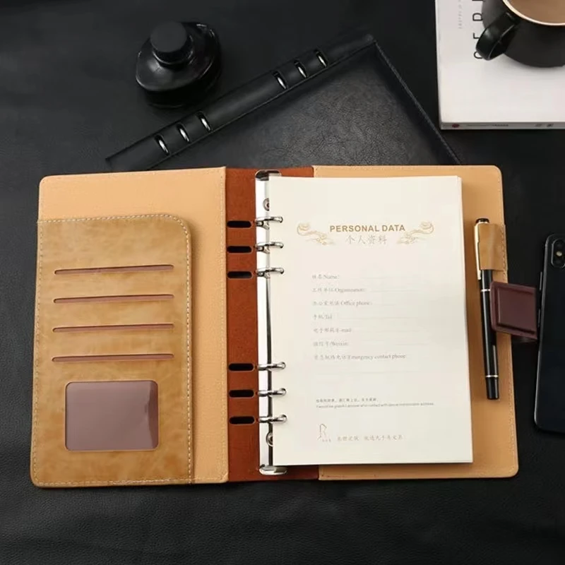 Imagem -03 - Loose-leaf Black Leather Company Notebook a5 a6 b5 Ring Binder Planejador de Revistas Logotipo Personalizado Material de Escritório