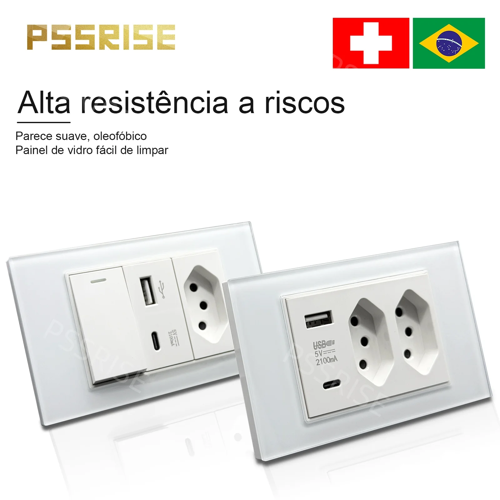 

PSSRISE White Tempered Glass Standard sockets and switches Brazil Switzerland Usb Type C Wall Socket Light Switch tomada vidro