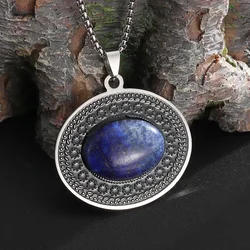Retro Ethnic Style Oval Blue Gemstone Stainless Steel Pendant Necklace Women\'s Fashion Charm Hip-Hop Casual Jewelry