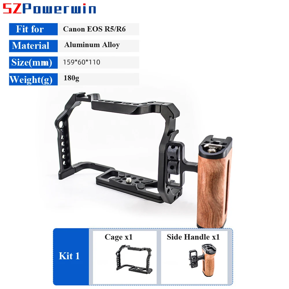 Powerwin Camera Cage For Canon EOS R5 R6  with wooden Handgrid Handle Kit Aluminum Alloy Multifunctional Arri Locating Screw