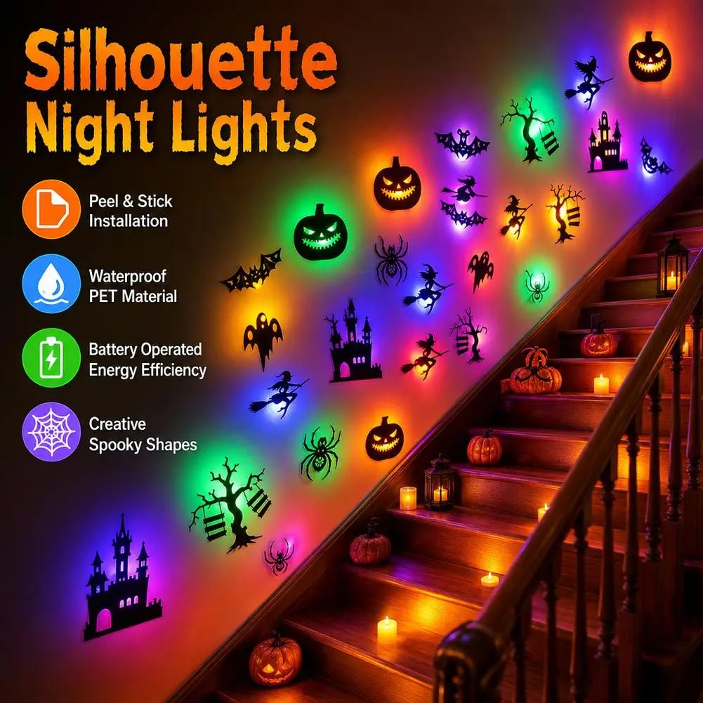 30PCS LED Halloween Wall Sticker 3D Hollow Night Light Bat Pumpkin, Spider Witch Castle Ghost Party Wall Decoration Ornamen
