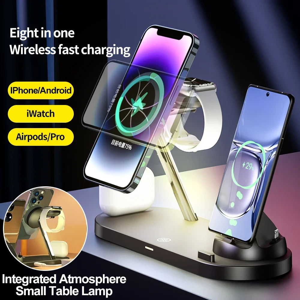 8 in 1 LED Magnetic Wireless Charger Stand for iPhone 14 13 12 Pro Max Apple Watch Airpods Induction Fast Charging Station