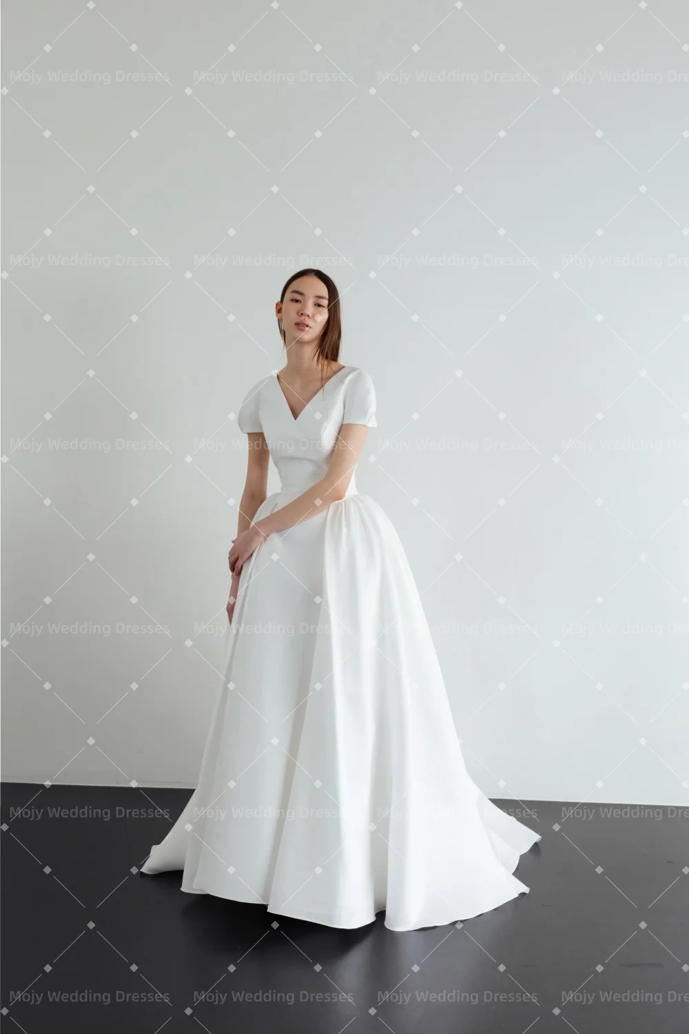 

Mojy 2026 Satin Simple Korean Wedding Dresses V-Neck Short Sleeves A Line Bridal Party Gown Photo Shoot Customized