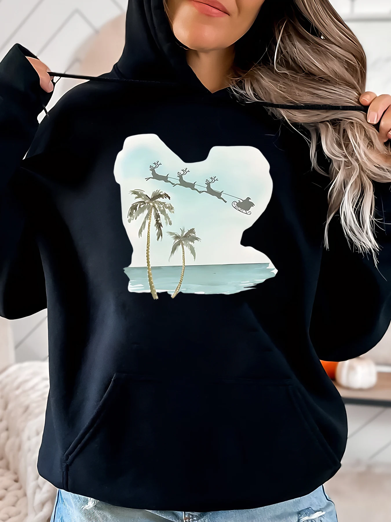 

Рождественская толстовка с капюшоном Santa Sleigh over Palm Trees, женская повседневная праздничная одежда, черная, больших размеров