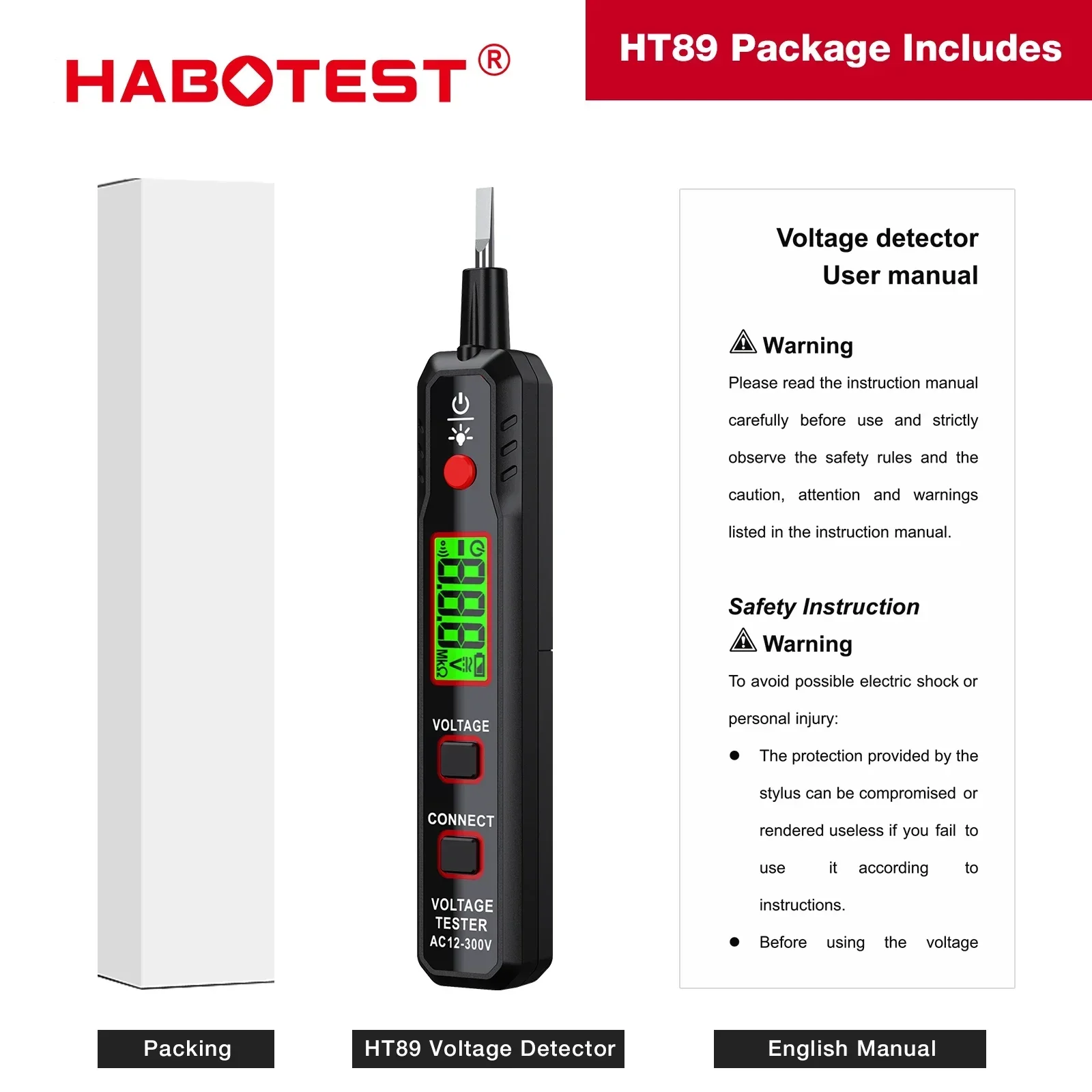 HABOTEST HT89 AC 12V-300V Voltage Detector Pen Breakpoint Finder Continuity Test Smart Indicator Live Tester Electrical Tools