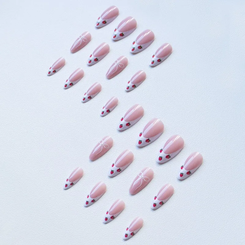 24 Uds uñas postizas acrílicas uñas adhesivas medianas lindas almendra extraíble Primavera Verano blanco francés prensa media en uñas con dijes