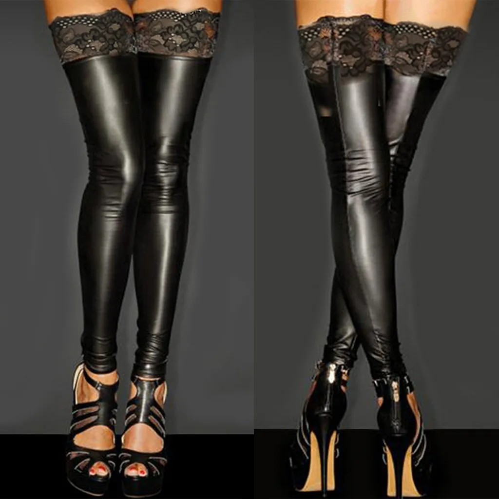 Sexy Night Club Latex Stockings Ladies Black Fashion Delicate Thigh Stocks  Sexy Lace Women'S Long Over Knee Socks