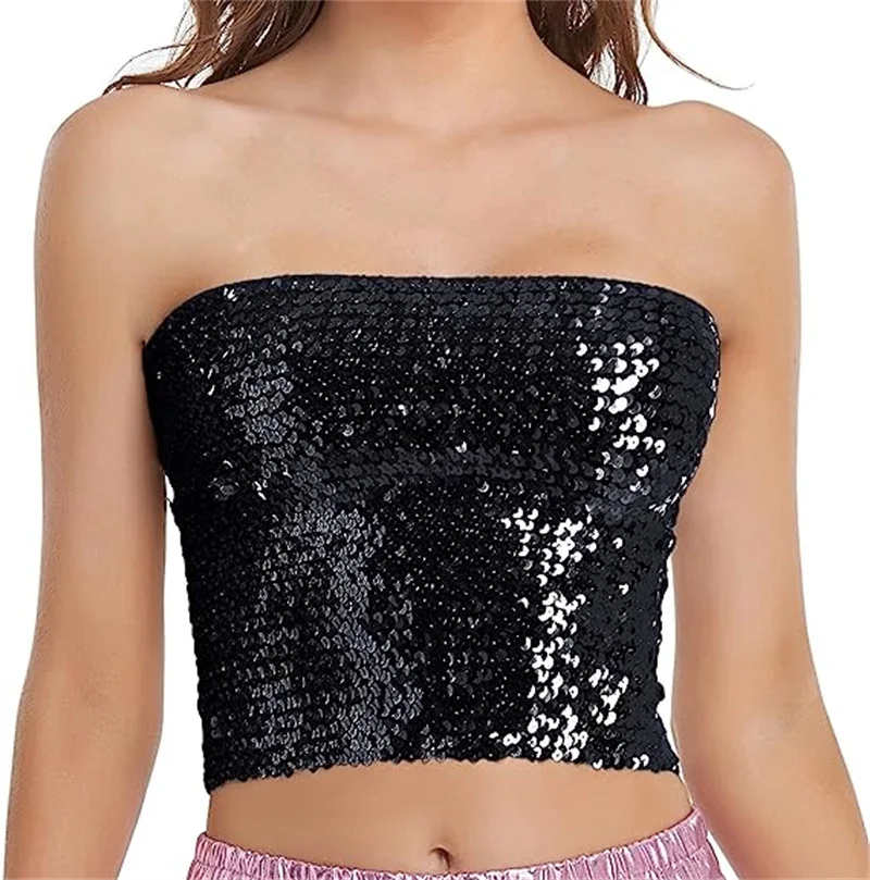 Women's shiny sequin mermaid Crop top, strapless metal bra top, suitable for party clubs