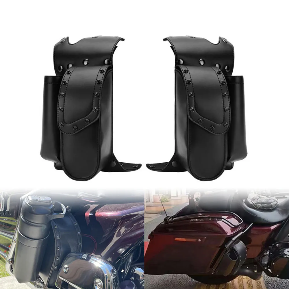 Saddlebag Guard Bags Water Bottle Cup Holder Tool Bag Black Leather For Harley Touring Road King Electra Glide Motorcycle Parts