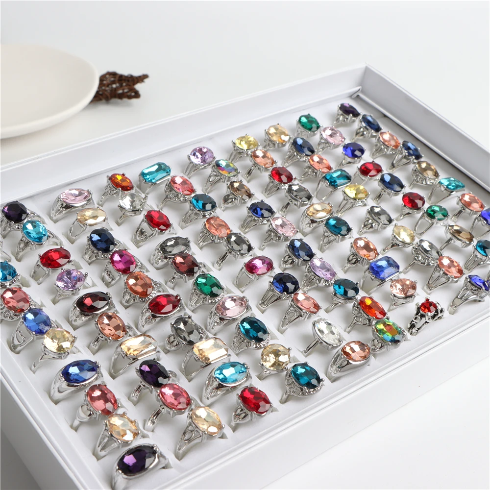 Wholesale 20/30/36/50/100Pcs/lot Fashion Glass Crystal Imitation Gemstone Rings For Women Mix Color Geometric Jewelry Party Gift