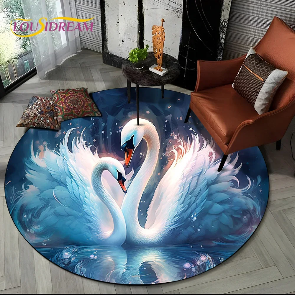 3D Dream Love Swan Cartoon Cygnus Girl Gift Round Carpet Rug for Living Room Bedroom Child Decor,Pet Area Rug Non-slip Floor Mat