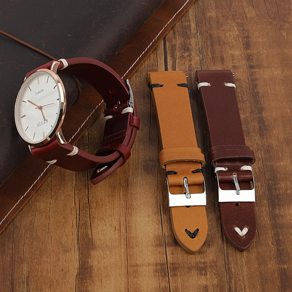 Watchbands Oil Wax Genuine Leather Strap 17mm 18mm 20mm 21mm 22mm Women Men Cowhide Watch Band Handmade Watch Accessories