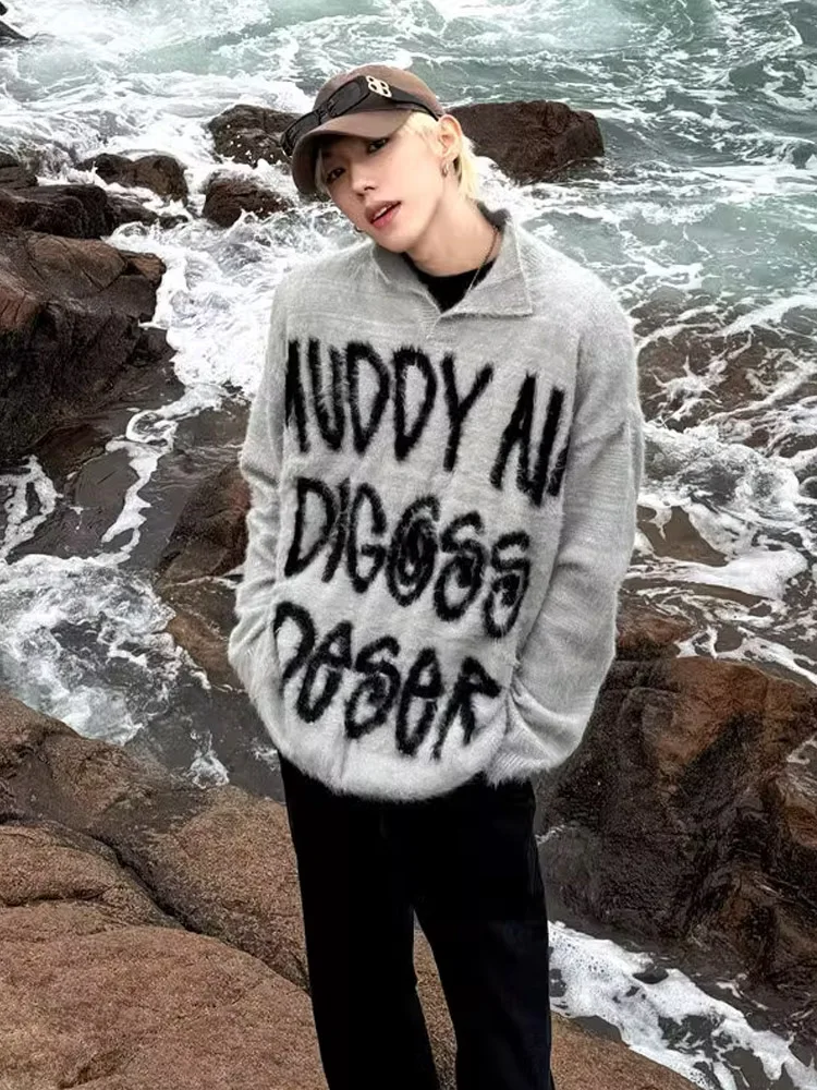 

Cleanfit American Retro Letter Embroidered Faux Fur Men's Winter Loose Lazy Sle Casual Knitted Sweater Polyester Fiber