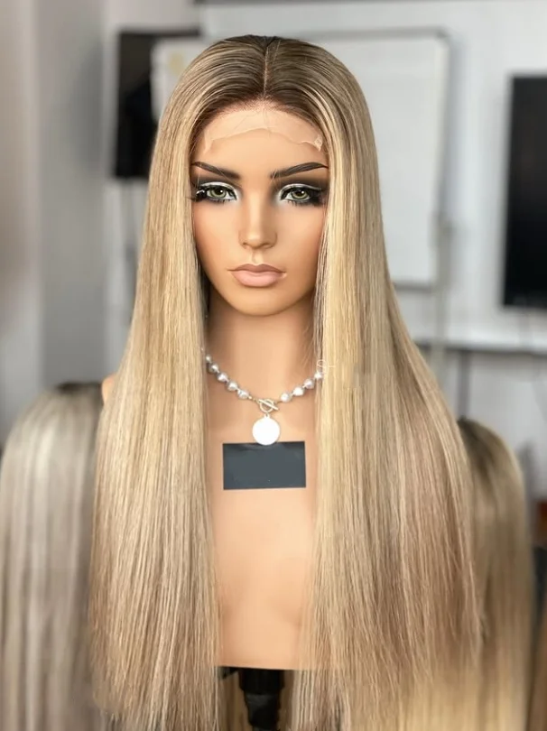 

Synthetic Wig Straight Lace Front Wig Blonde Wig With Blonde Brown Straight Highlights Layered Wig Heat Safe Lace Front Wig