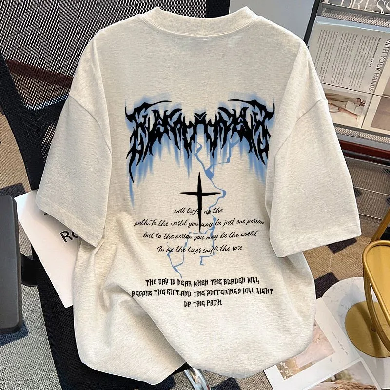 Summer New American High Street Lightning Print Black White Apricot Short Sleeve T-Shirt Loose Casual Letter Print Gray Top