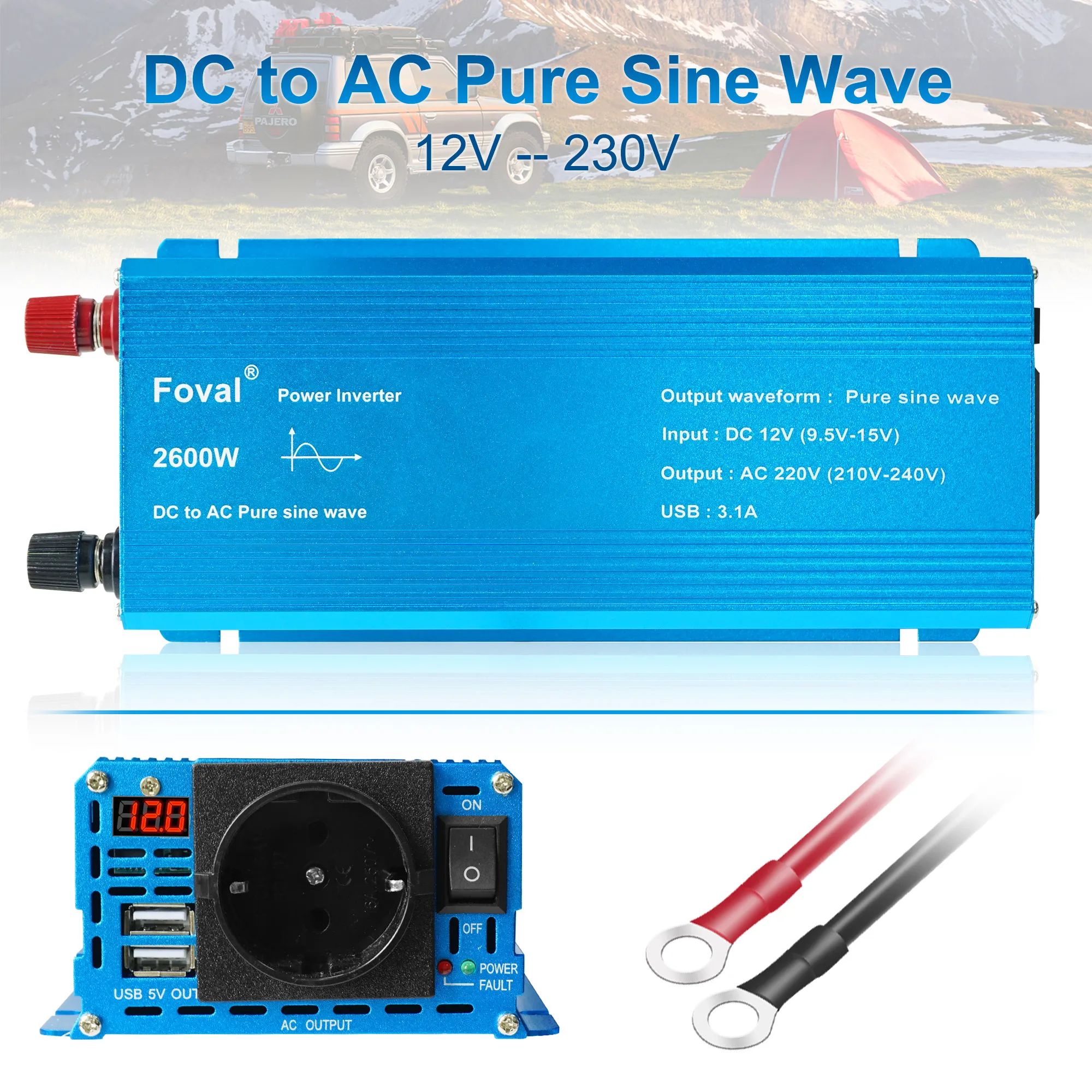 1500W/2200W2600W/3000W Power DC 12V TO AC 220V Car Inverter Adapter Power Converter With 3.1A Dual USB Pure Sine Wave EU Socket