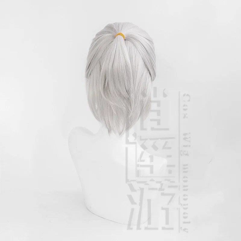 Wig Cosplay pesta Halloween, Wig Cosplay lampu permainan dan malam 30CM perak putih tahan panas rambut sintetis