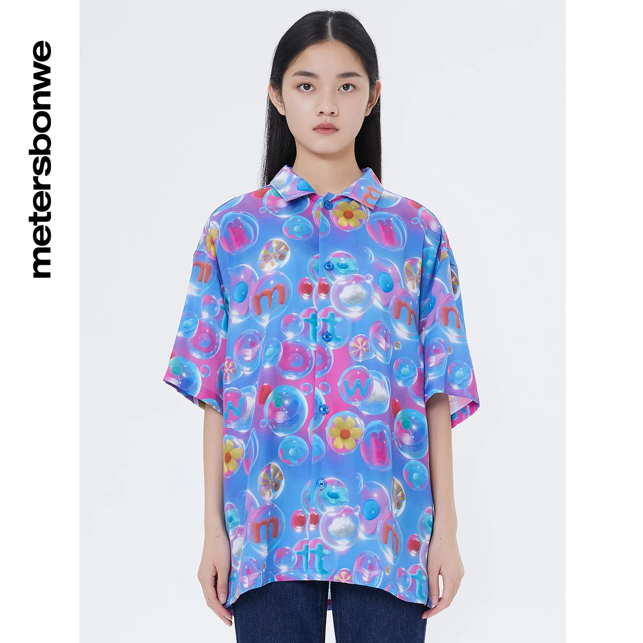 Metersbonwe lazer blusa feminina verão 2022 botão lapela camisas senhora solto blusas oversize impressão a cores 100 lyocell