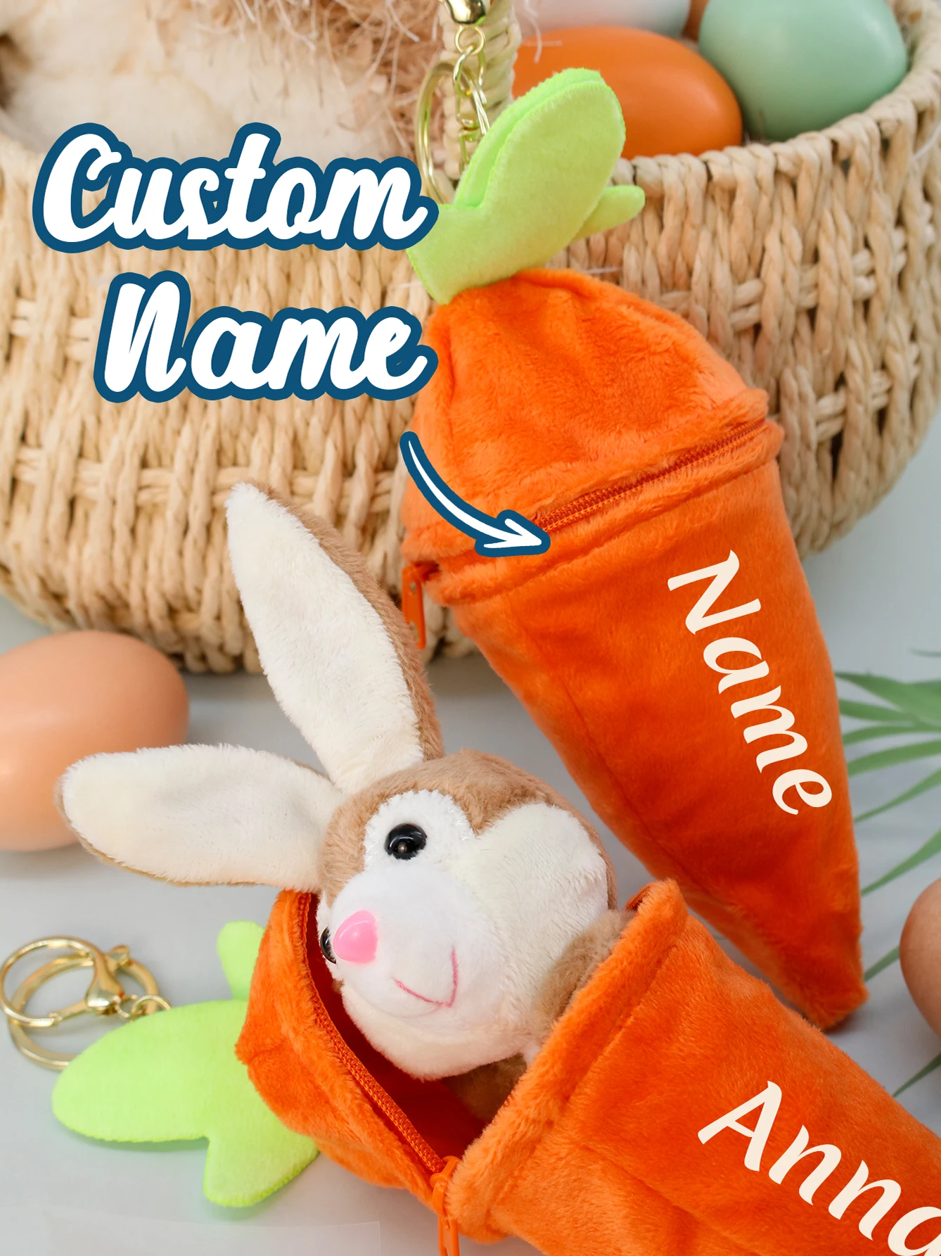 Llavero de Peluche Personalizado con Nombre de Conejito y Zanahoria de Pascua, Decoración de Pascua Personalizada, Adorno de Peluche Reversible Personalizado