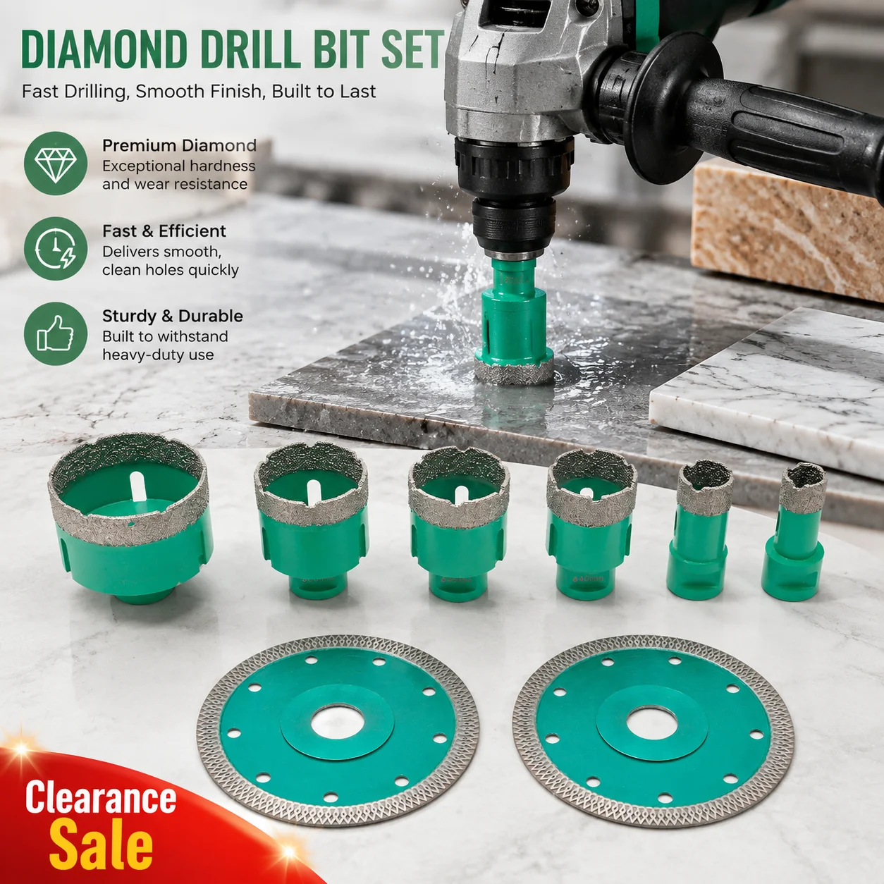 Image of Premium 8-teiliges M14 Diamant-Kernbohrer-Set Diamant-Kernbohrer Diamant-Bohrer-Kit 20-68mm Grün mit 2 Sägeblättern Aufbewahrungsbox Nass- und Trockenbohrung für Fliesen Marmor Granit Beton