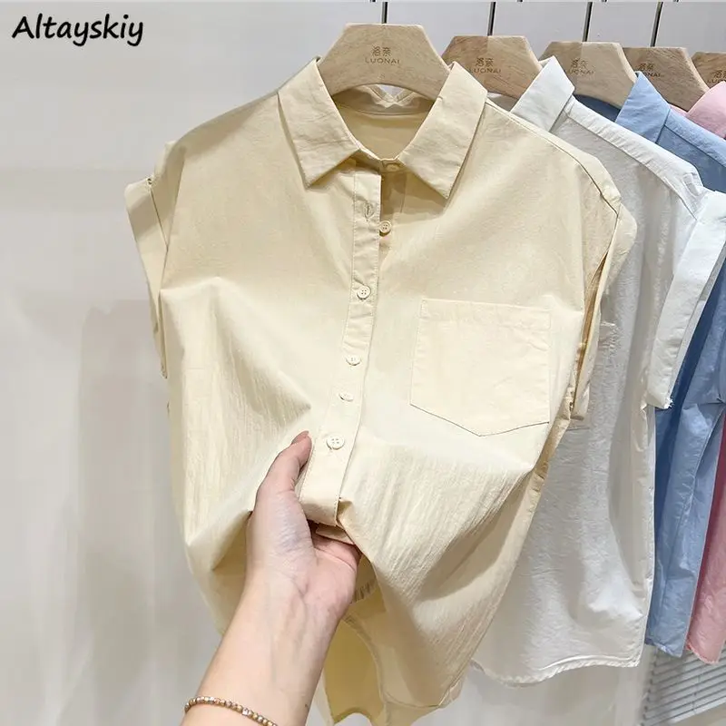 Simple Shirts Women Fashion Korean Style Loose Summer Sleeveless Tops Pockets Solid All-match Basic Casual Button Lady Blusas