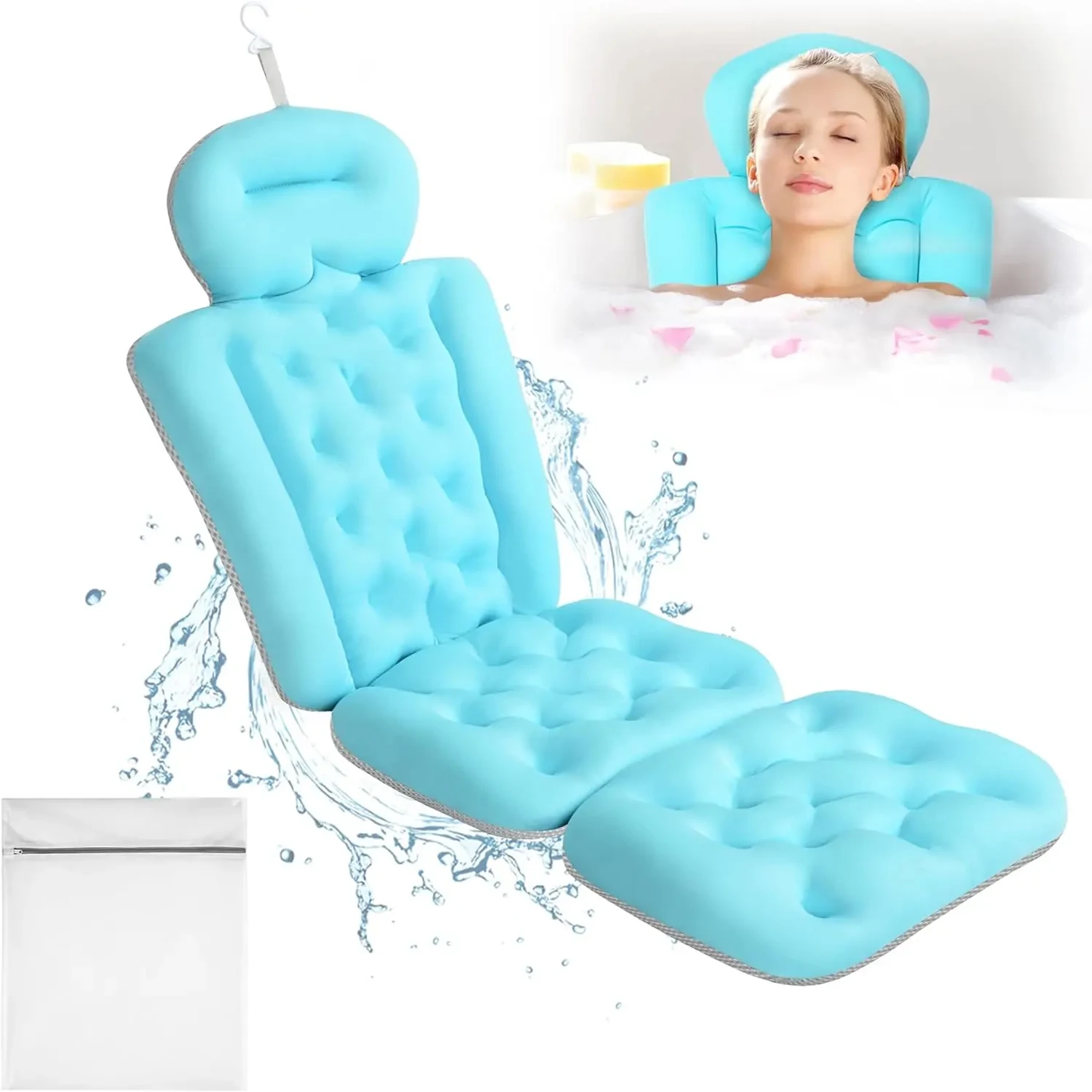 Luxury Full Body Bath Pillow for Bathtub, Shower Cushion for Tub with Mesh Laundry Bag Non-Slip Suction Cups Bathtub Mat Blue