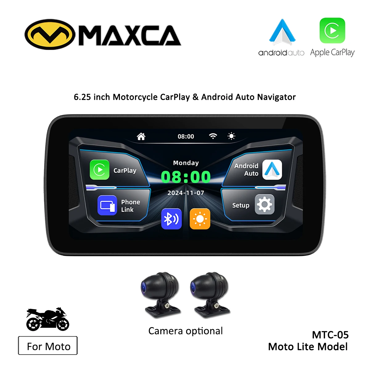 Maxca M6 Moto sem fio Android Auto Apple Carplay Tela sensível ao toque de 6,25 polegadas IPX7 à prova d'água, câmera dupla HD1080P DVR opcional