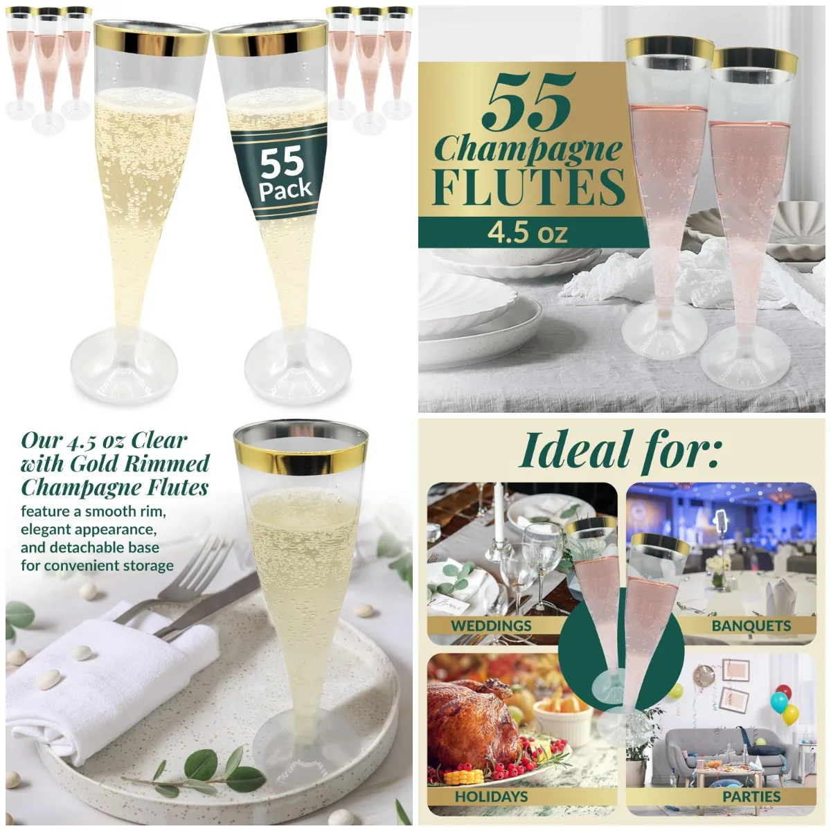 

Пластиковые флейты для шампанского с золотой оправой, упаковка 55 шт., 4,5 унции, прозрачные — идеально подходят для вечеринок