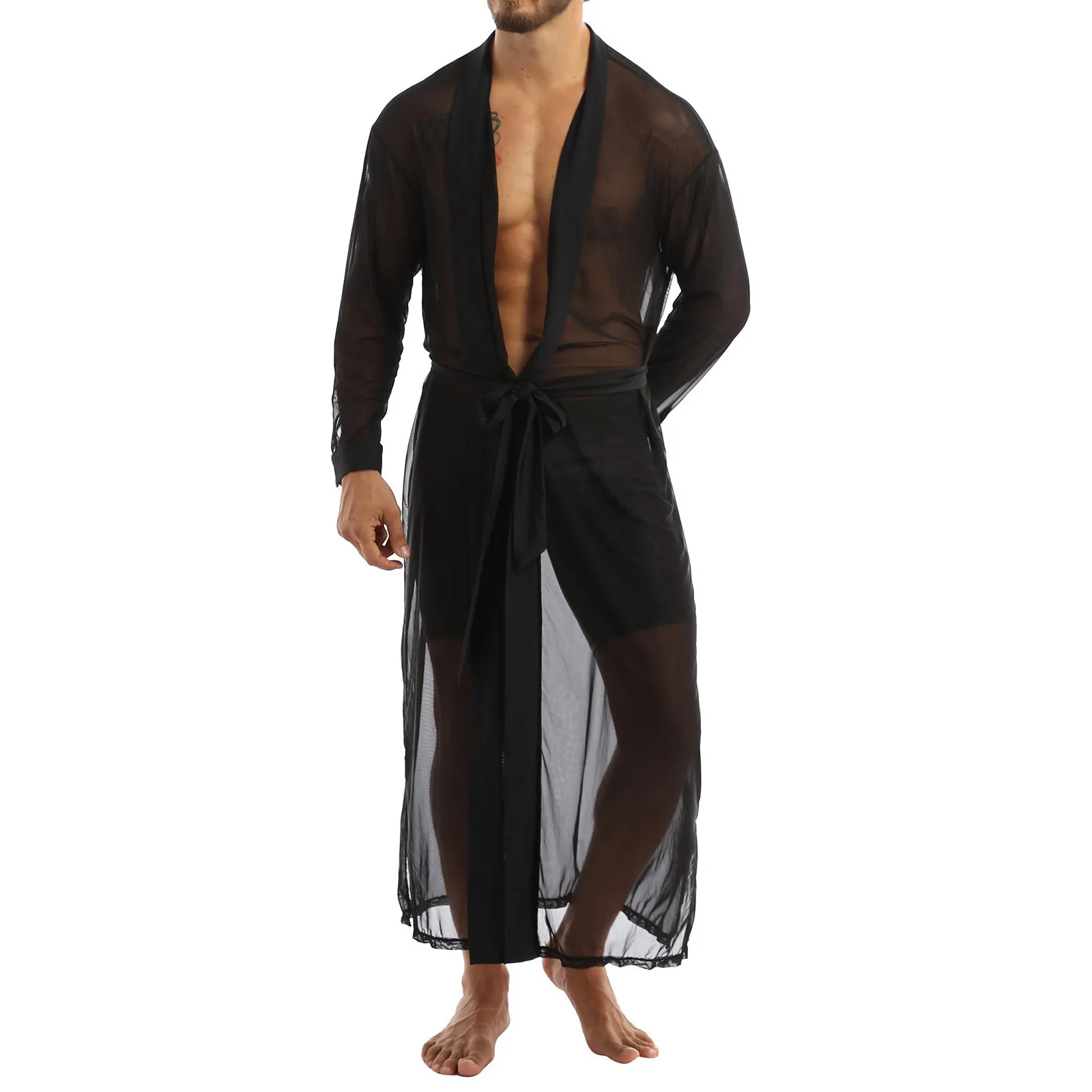 Men Transparent Open Stitch Sexy Lingerie Front Mesh See-through Long Casual Shirt Coat Bathrobe Male Gay Long Sleeve Underwear