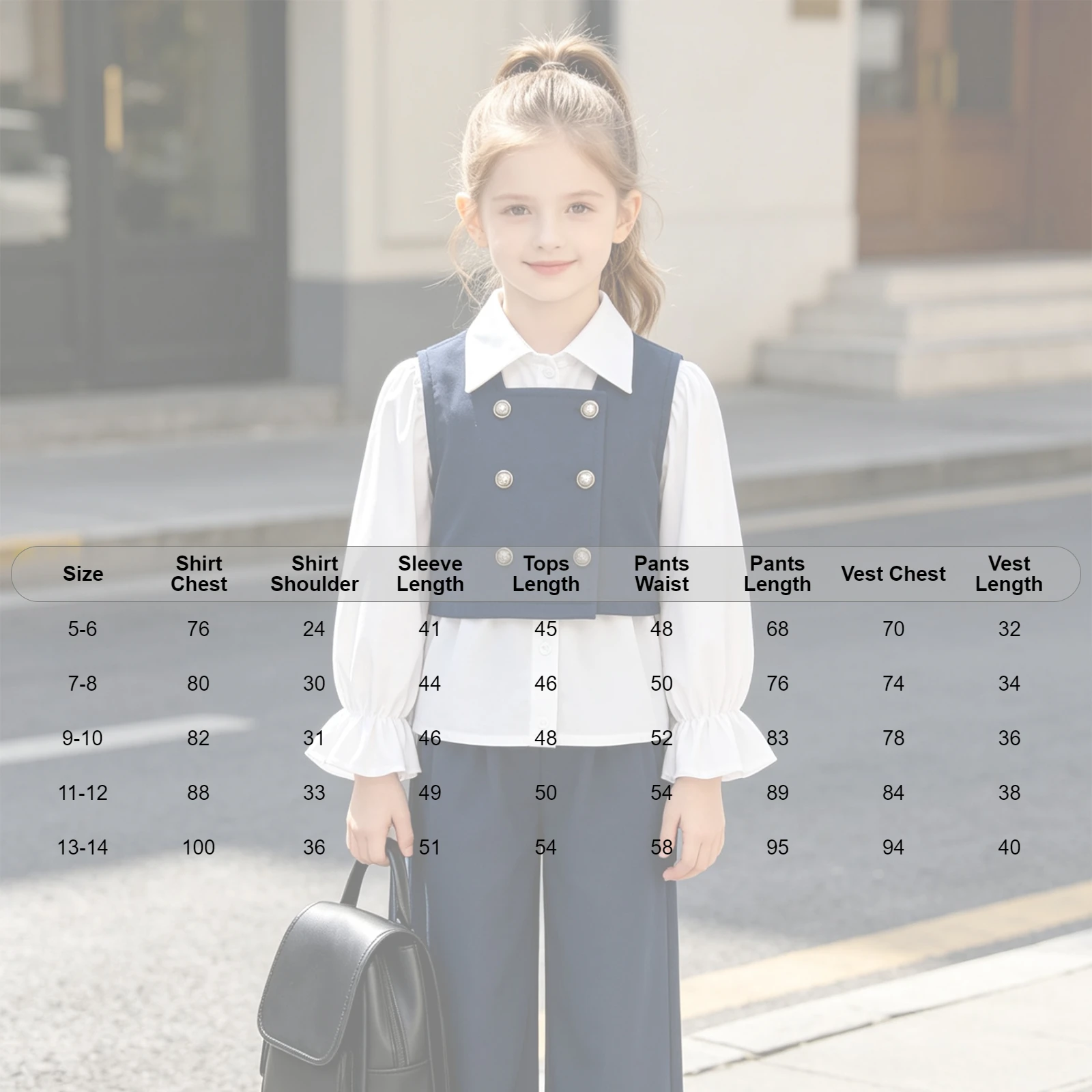 Children's School Formal Party Set Kids Girls Long-sleeve Ruffled Cuffs Shirt with Vest Pants for Graduation Ceremony Birthday