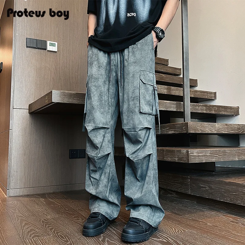 

ProteusBoy American Retro Dyed Outdoor Sports Casual Straight Leg Dstring Dir Paratrooper Workwear Pants Loose Fit Leisu...