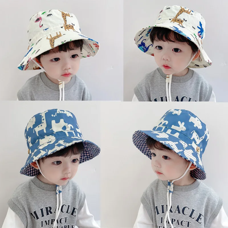 Cute Kids Outdoor Bucket Hats Children Sun Hats with Windproof Rope Cotton Baby Caps for Boys Girls Caps Summer Hat for Kids