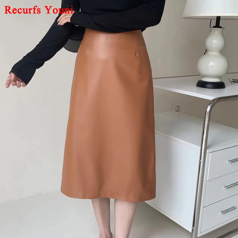 

Luxury Whole Piece Lambskin Skirts For Women Winter 100% Leather High End Commuting Straigt Wrap Jupe Femme Couro Long Etekler