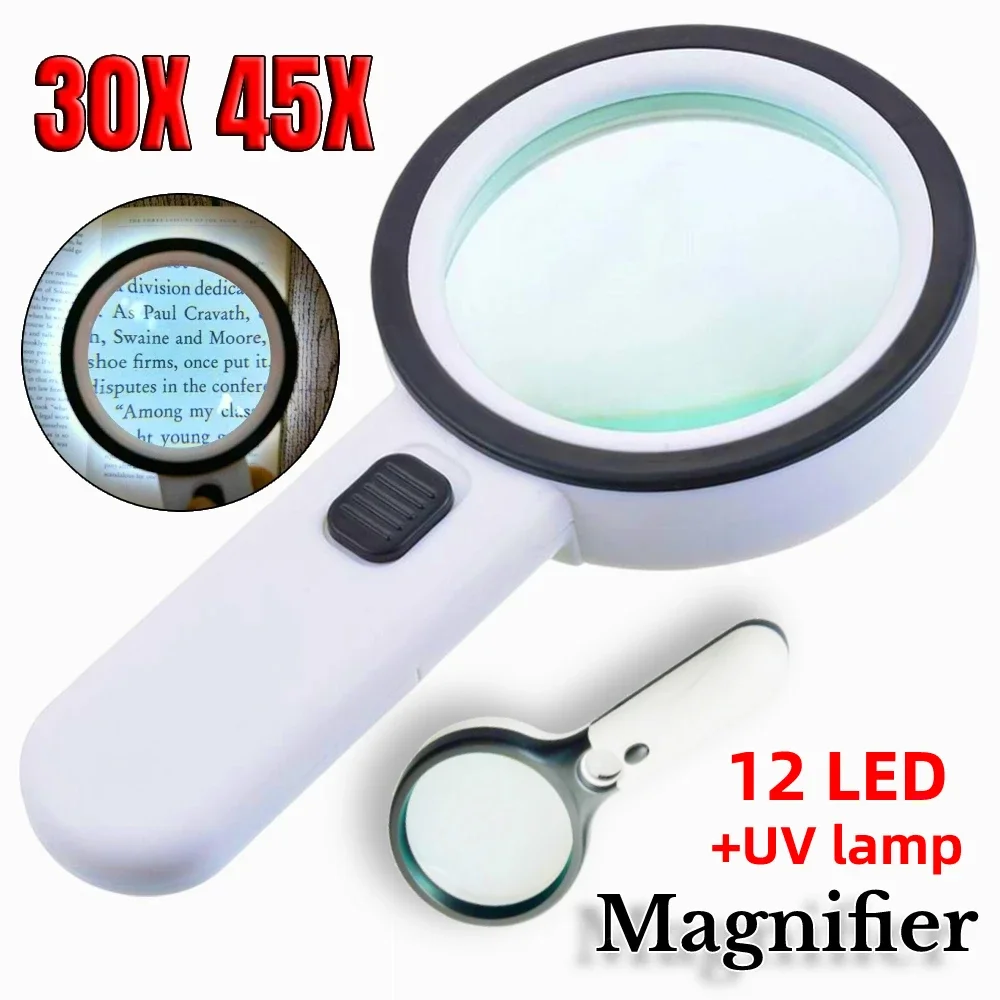 30X Magnifying Glass Portable Illuminated Lighted Magnifier 12 LED Light Light-Up Magnifying Lens for Reading Book/Newspaper/Map