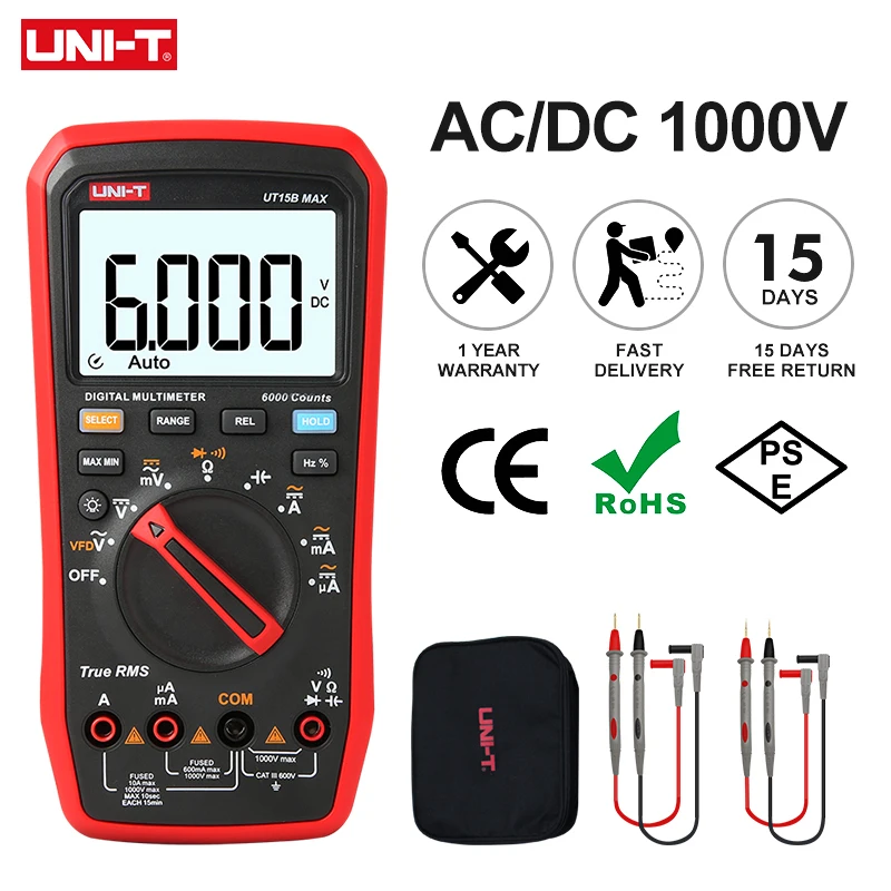 Uni T-profissional Multímetro Digital Tester Ut15b Max 1000v ac dc Medidor de Tensão Tester Capacitor True Rms Multi Medidor Elétrico