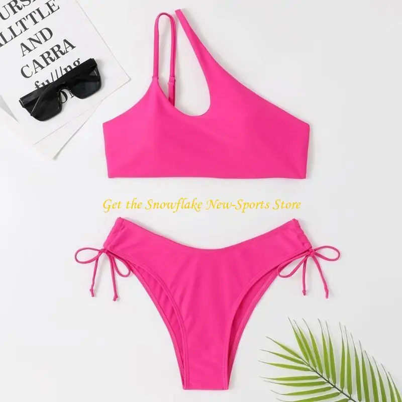 E56D Women 2 Pieces Swimsuits Ladies Shoulder Bikinis Set Girls High Cut Bathing Suit Solid Cutout Swimwear for Vacations