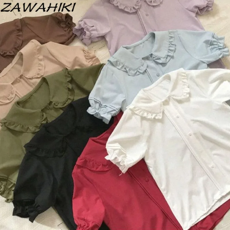 

Camisas De Mujer Japanese Sweet Cute Ruffles Short Lantern Sleeve Peter Pan Collar Solid Color Casual Fashion Casual Chic Shirt