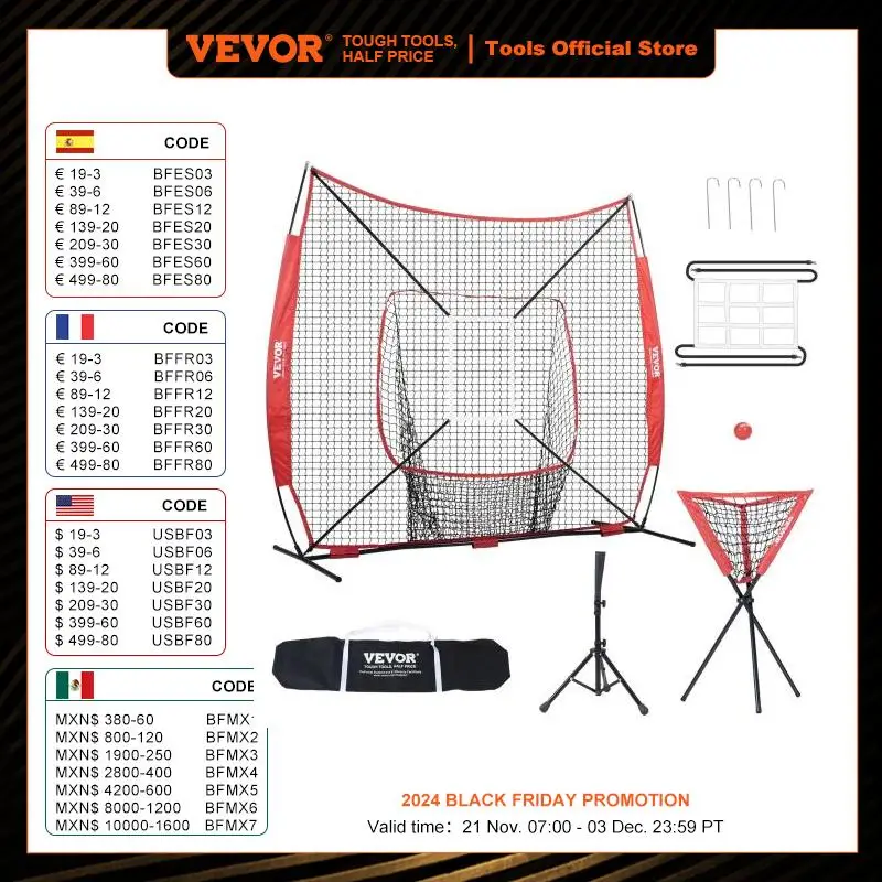 VEVOR 7ft x 7ft Portable Baseball Softball Practice Training Net for Hitting Catching Pitching with Carry Bag Ball Collector