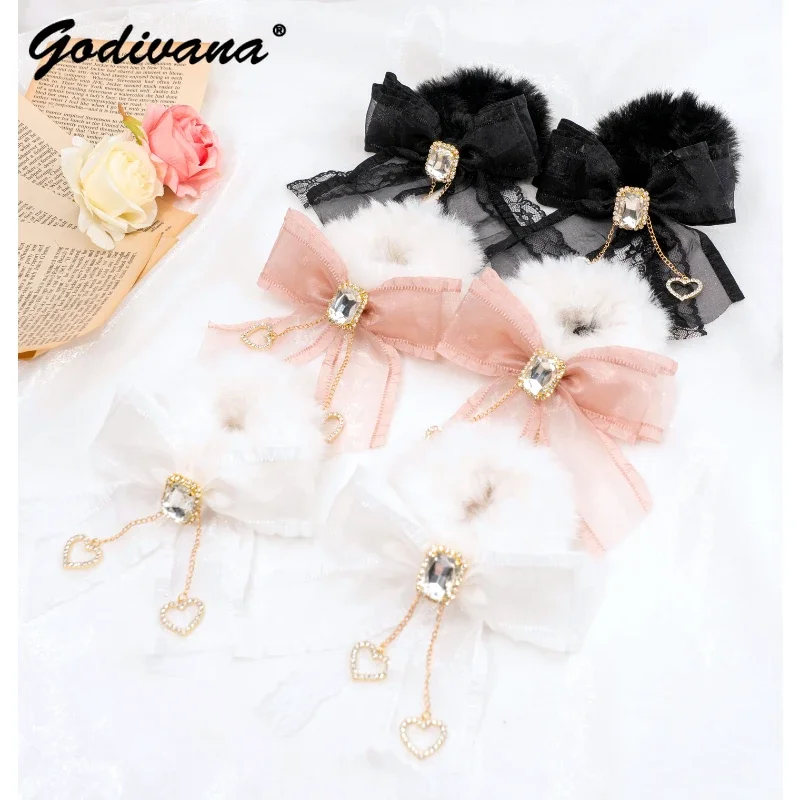 Japanese Bow Furry Hair Ring Rhinestone Love Pendant Cute Hair Ties Girls Double Ponytail Mine Series Mass-Produced Headwear