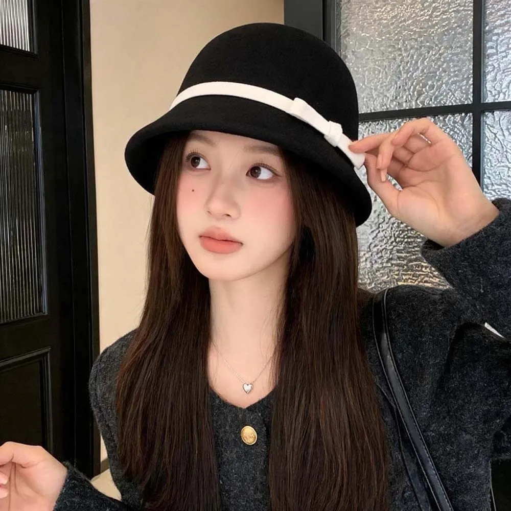 Korean Style Winter Woolen Hat Warm Fleece Soft Felt Retro Cloche Cap Round Top Chic Design Elegant Bucket Hat Photoshoot