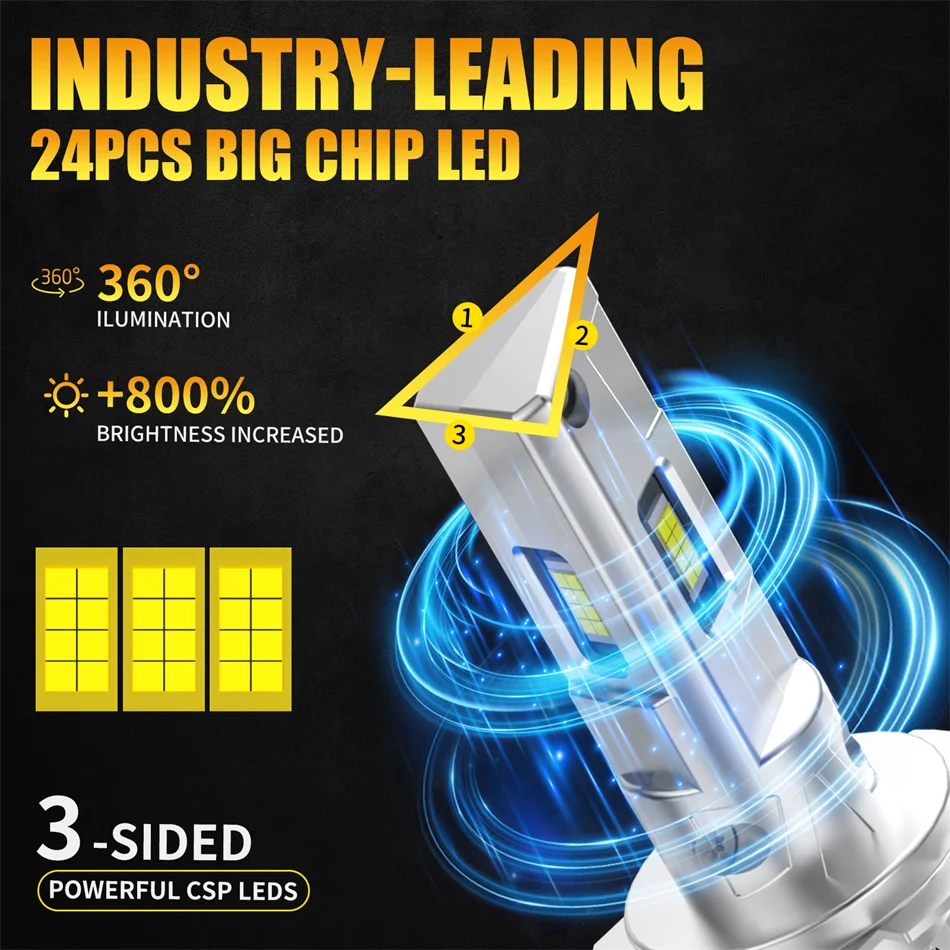AILEO 2PC 240W 40000LM LED Lights H7 Headlight Bulb 6500K Three Sides Design Wireless For Car Lamp CSP 5570 Chip White Plug&Play