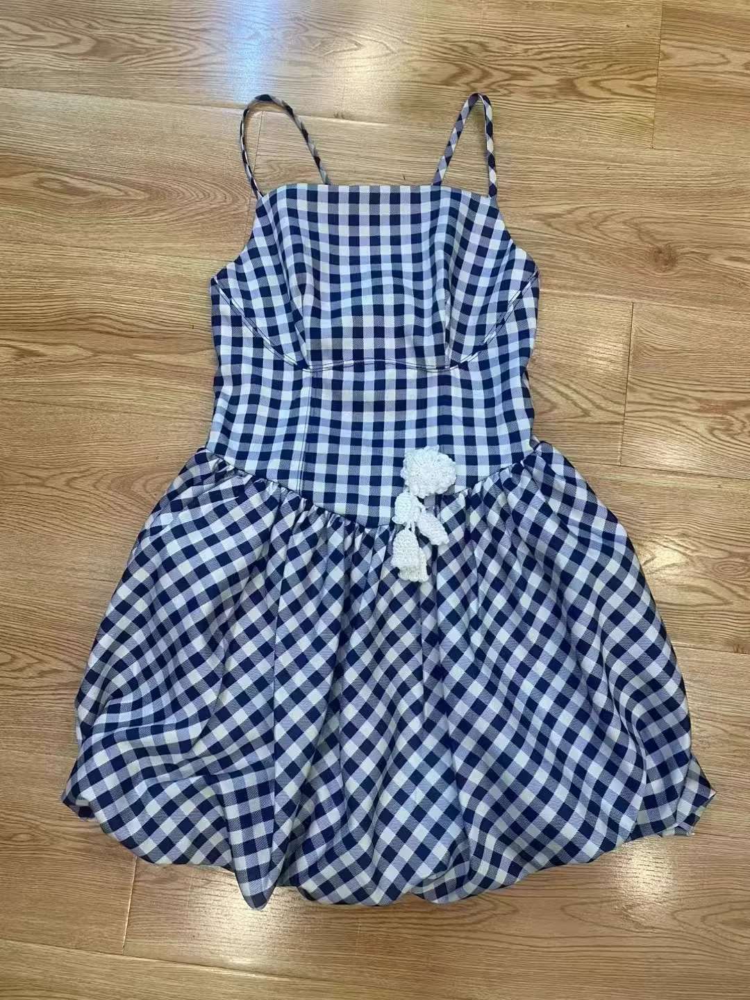 

3D Flower Decoration Women Blue Plaid Sling Dress Sleeveless Square Collar High Waist Casual Slim Mini Robe