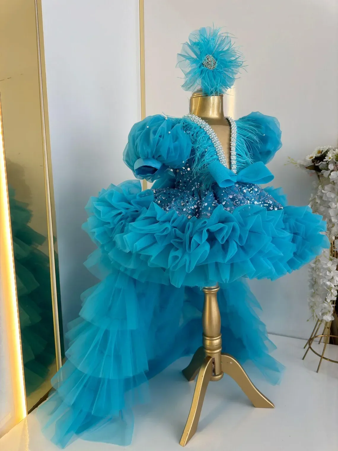 Custom Flower Girl Dress Wedding Gown Birthday Party Pageant Dress Puff Sleeve Sequin Bow Ruffle Tulle Train Dress For Girls