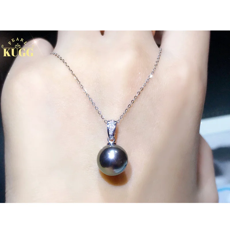 

KUGG 18K White Gold Necklace 9-10mm Natural Tahiti Black Pearl Necklace Diamond Jewelry for Women Wedding Luxury Design