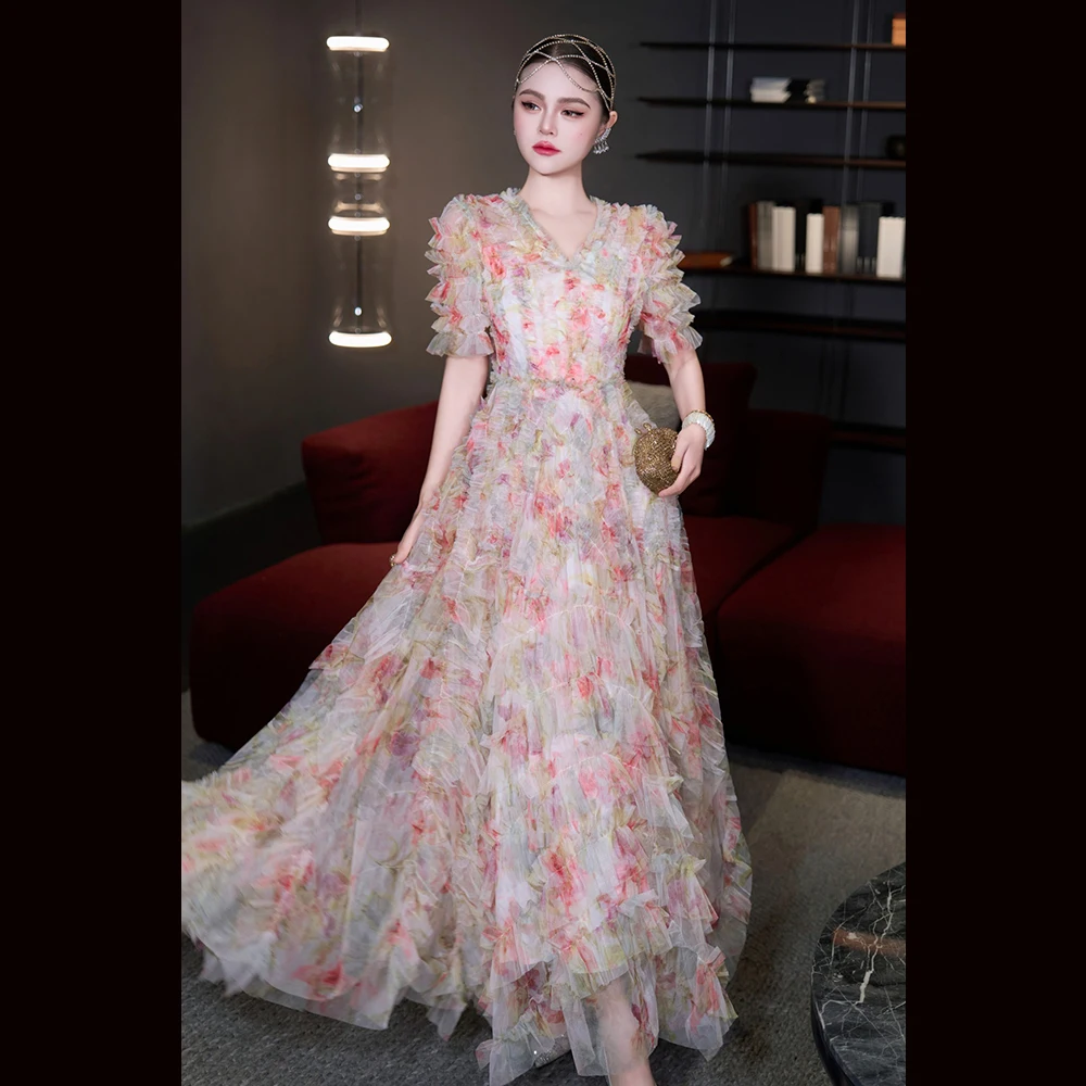 

Meyyithun Women's Dress Designer Summer Mesh Dress Women's Elegant V-neck Ruffles Short Sleeve Printed Long Mesh Party Dress MX