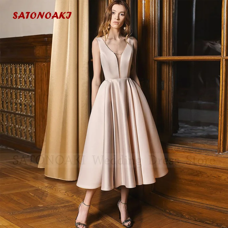 

Robes De Soiree Elegant Simple Satin Evening Dresses Backless V-Neck Sleeveless Tea Length A-Line Prom Party Gown Vestidos Noche