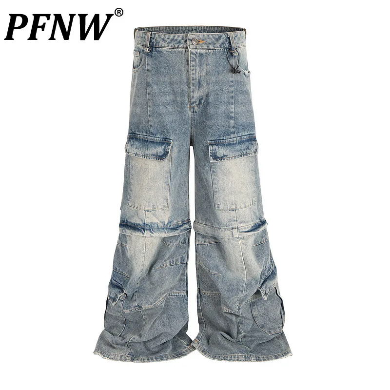Pantalones PFNW para hombre, vaqueros acampanados desgastados y desgastados de mezclilla azul lavada con múltiples bolsillos, pantalones Cargo desmontables 28W6789