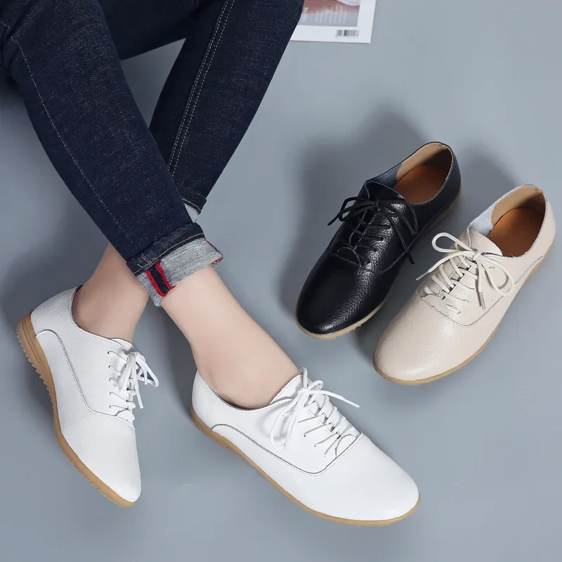 Spring Oxford Shoes Ballerina Flats Genuine Leather Moccasins Lace Up Loafers White Zapatos De Mujer Sneakers Tenis De Moda Traf