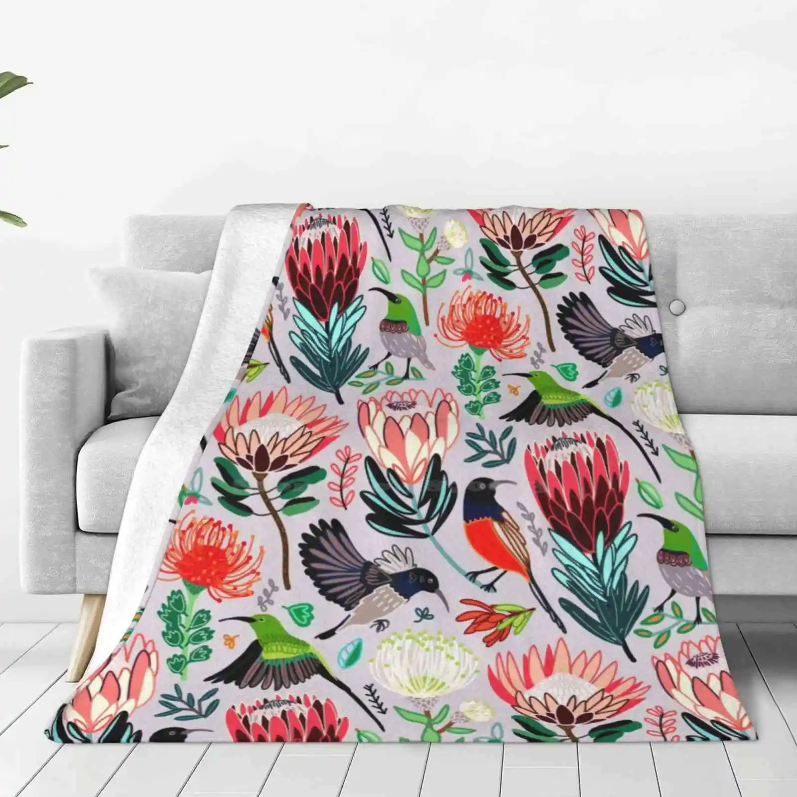 Sunbirds & Proteas On Grey Soft Warm Light Thin Blanket Sunbirds Colorful Birds Bird Pattern Protea Patern Bird And Protea